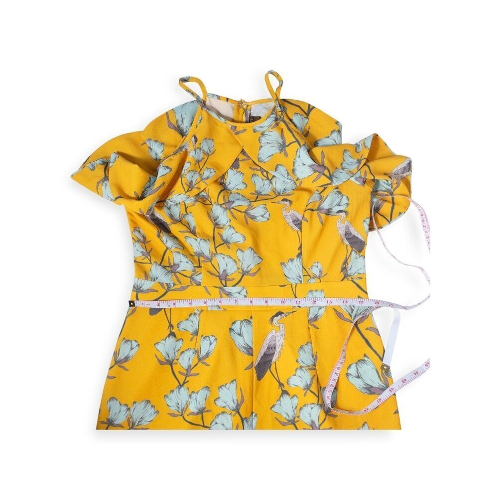 Anthropologie Varun Bahl Warbler yellow ruffle trim jumpsuit SZ 8 Heron Print - Picture 8 of 10